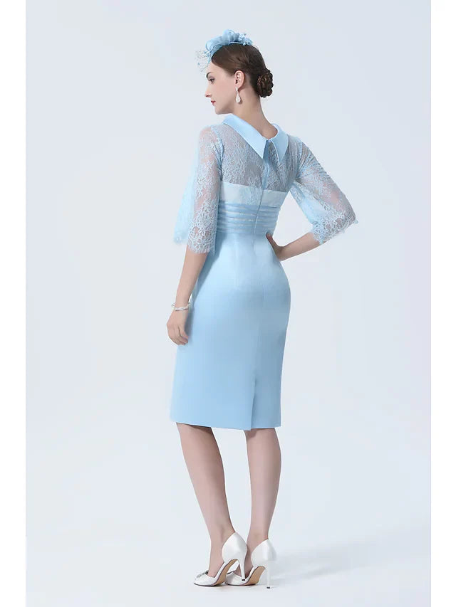 Wholesale Mother of the Bride Dress See Through Jewel Neck Knee Length Charmeuse Half Sleeve with Lace Sash Ribbon